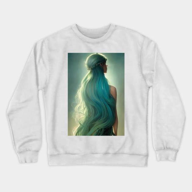 Beautiful woman with long blue hair portrait Crewneck Sweatshirt by DyeruArt